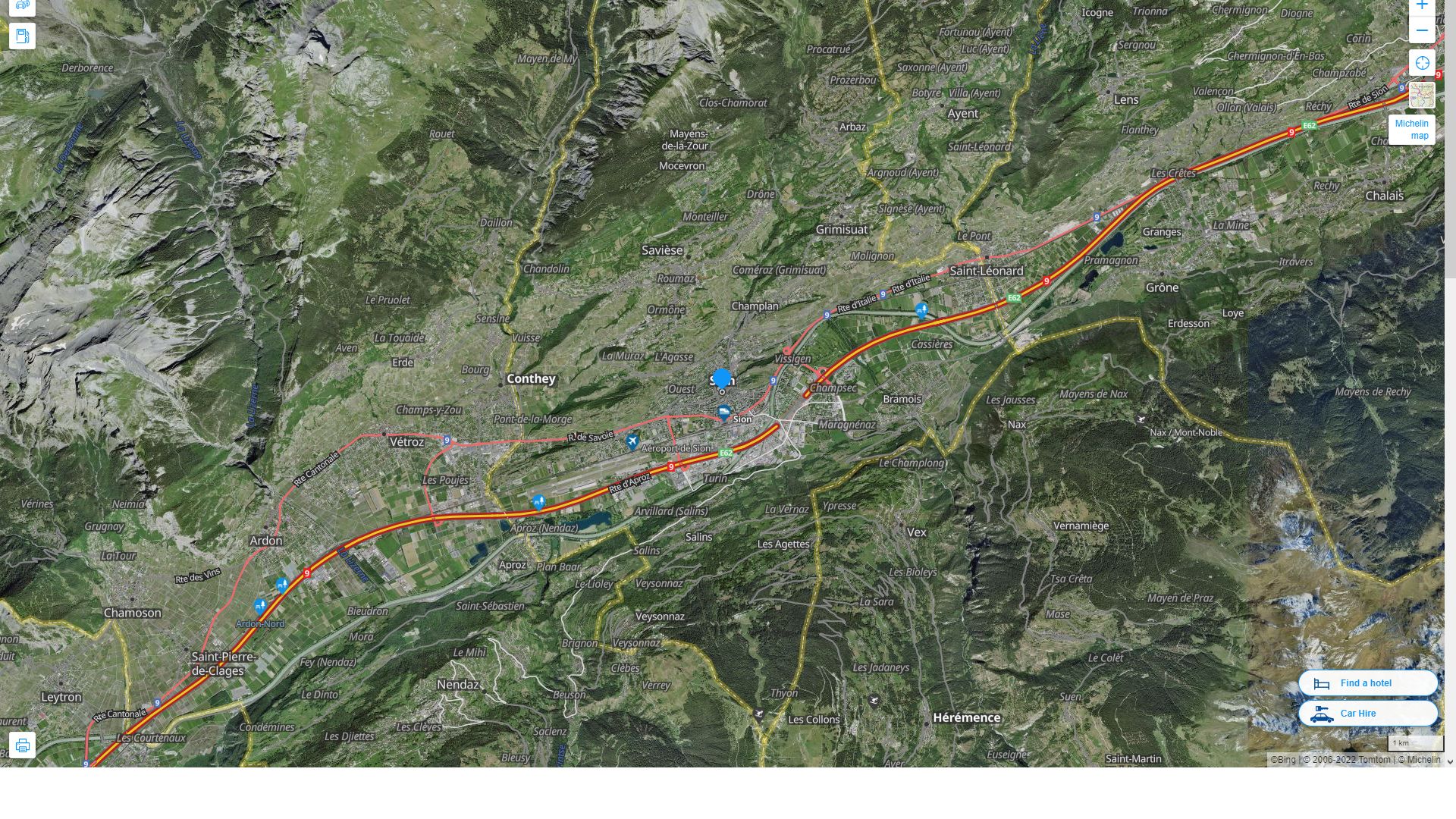 Sion Suisse Autoroute et carte routiere avec vue satellite